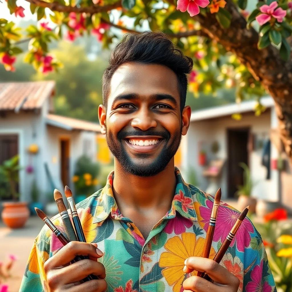 A joyful father named Sami with medium brown skin, wearing a colorful shirt, holding paintbrushes, smiling under a tree, surrounded by colorful paints, vibrant flora in a small village, digital art, cheerful tone, warm sunlight, inviting scene, high quality