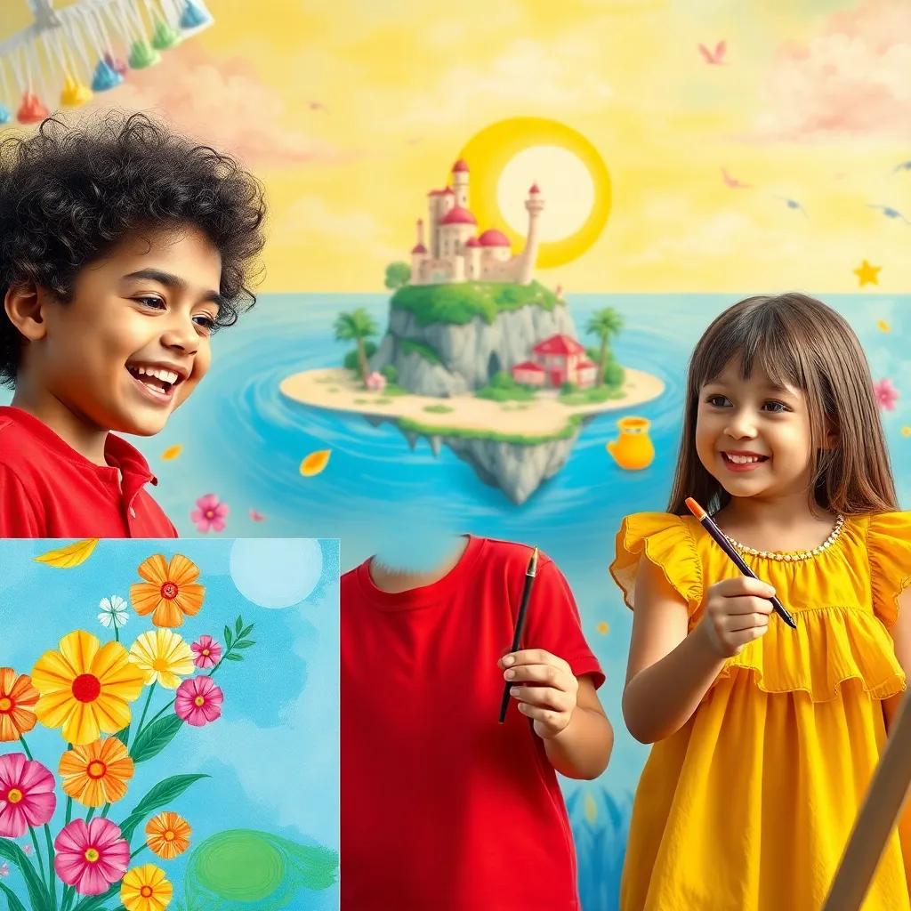Three children, Rami with curly black hair and a bright red shirt, and Sarah with straight brown hair and a sunny yellow dress, joyfully painting flowers and a magical island, colorful paints and laughter around them, artistic scene, lively atmosphere, child-friendly