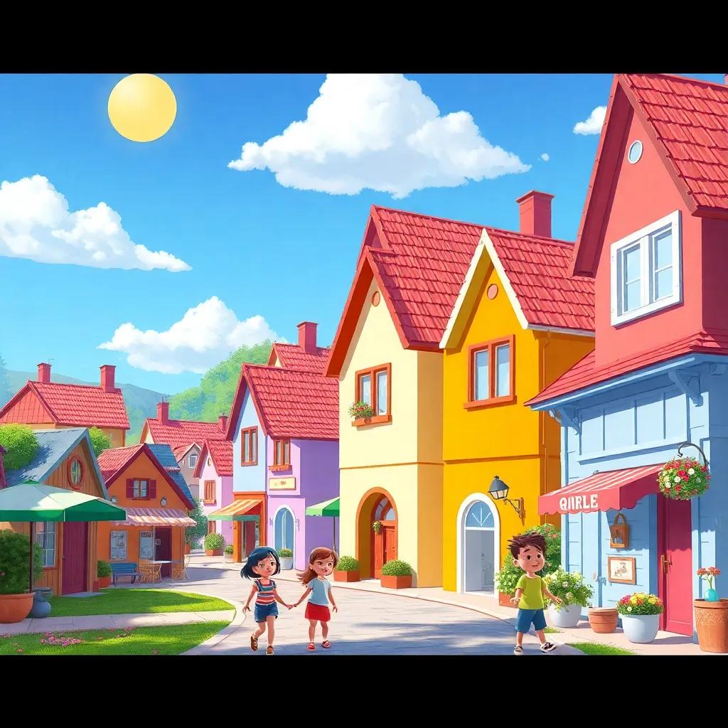 A small village with colorful houses, children playing in the streets, bright sunny day, cheerful atmosphere, illustration, vibrant colors, inviting scene, high quality