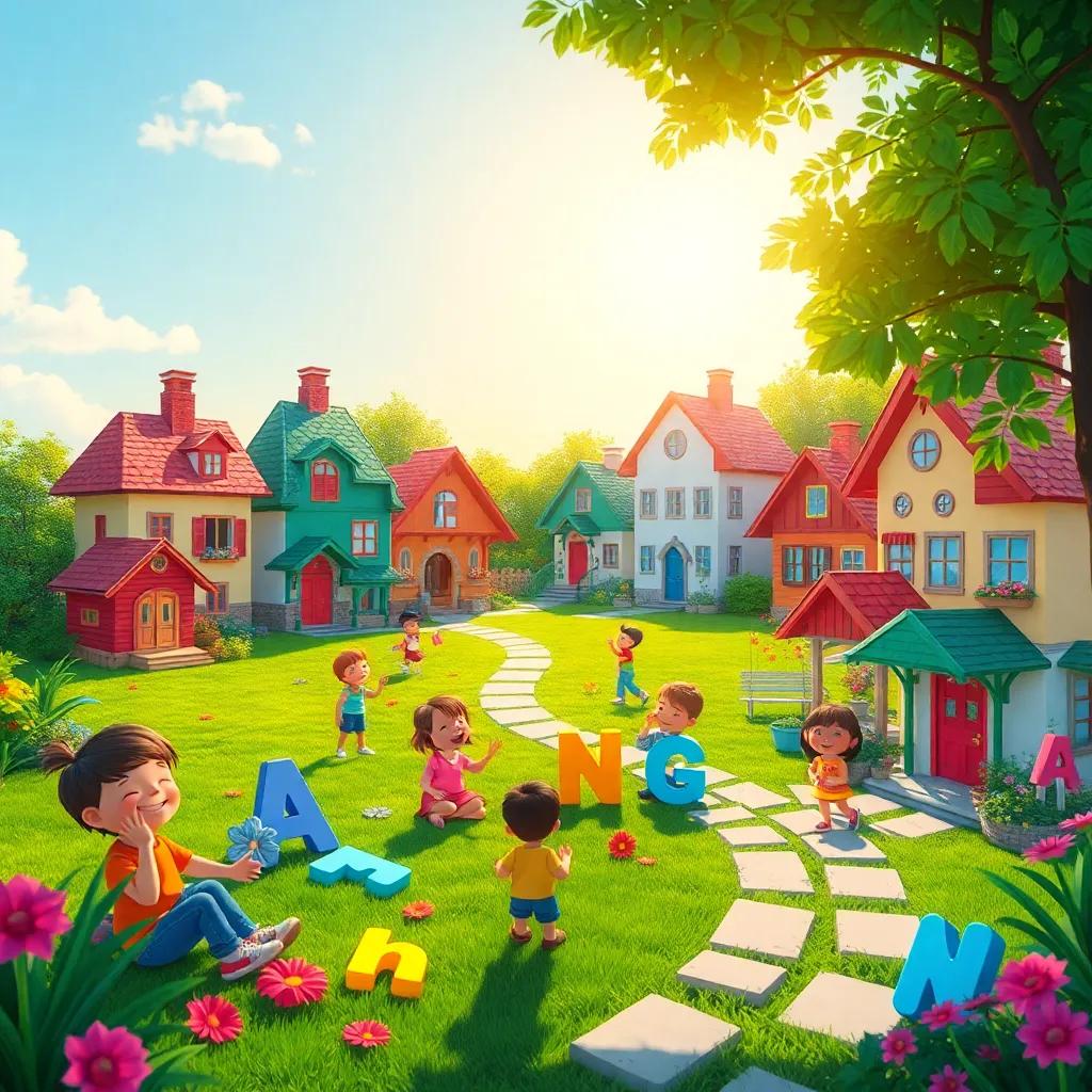 A colorful village in a green setting with cute houses, children playing with letters around them, joyful and vibrant, cheerful digital art, warm sunlight, high quality
