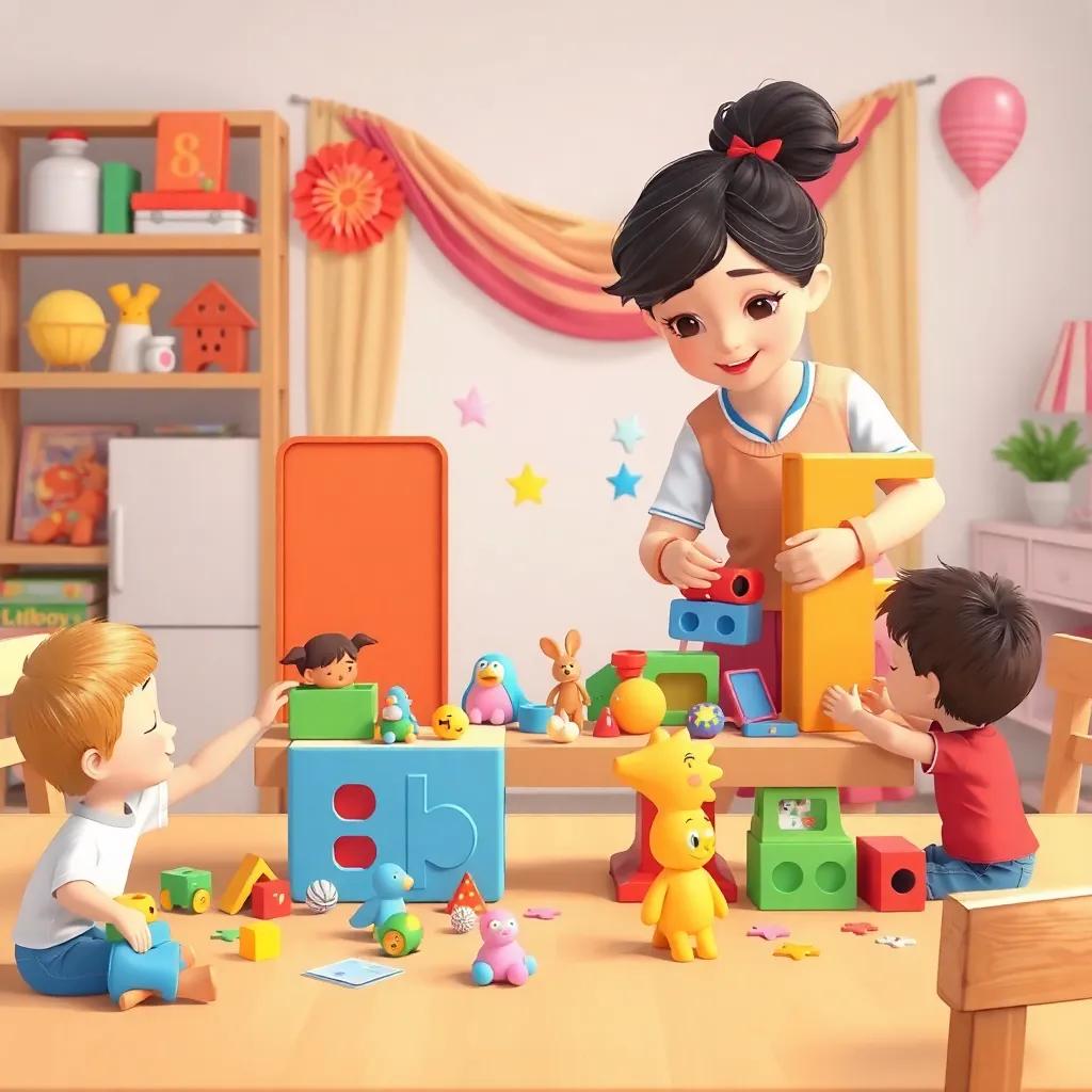 The letter 'فيد' is organizing toys, placing them on a table, cheerful decorations, colors of the rainbow, children supporting her, visual harmony, detailed illustration