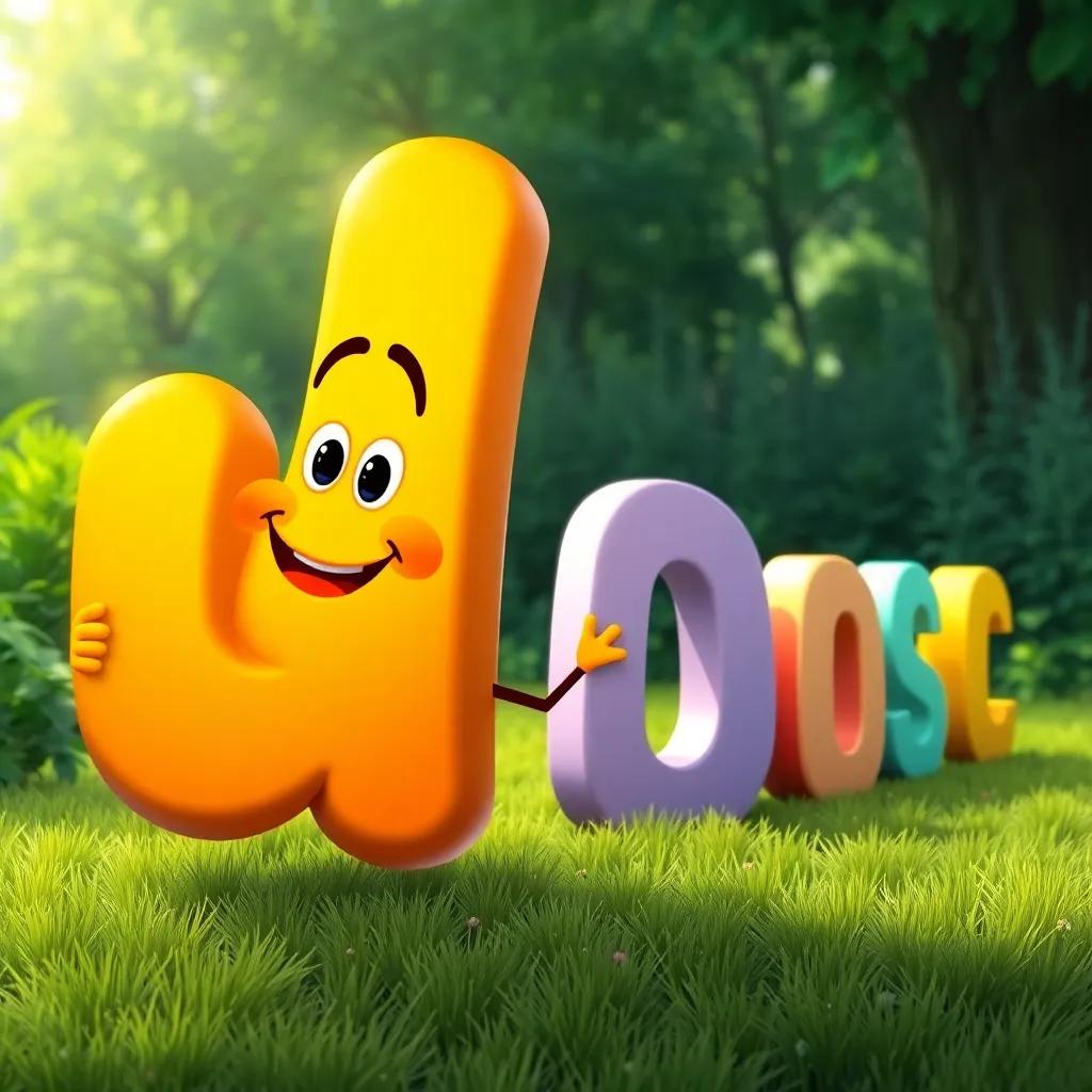 The letter 'ثم' observing a line of other letters, cheerful anticipation on his face, lush green background, shining light, togetherness, kid-friendly style