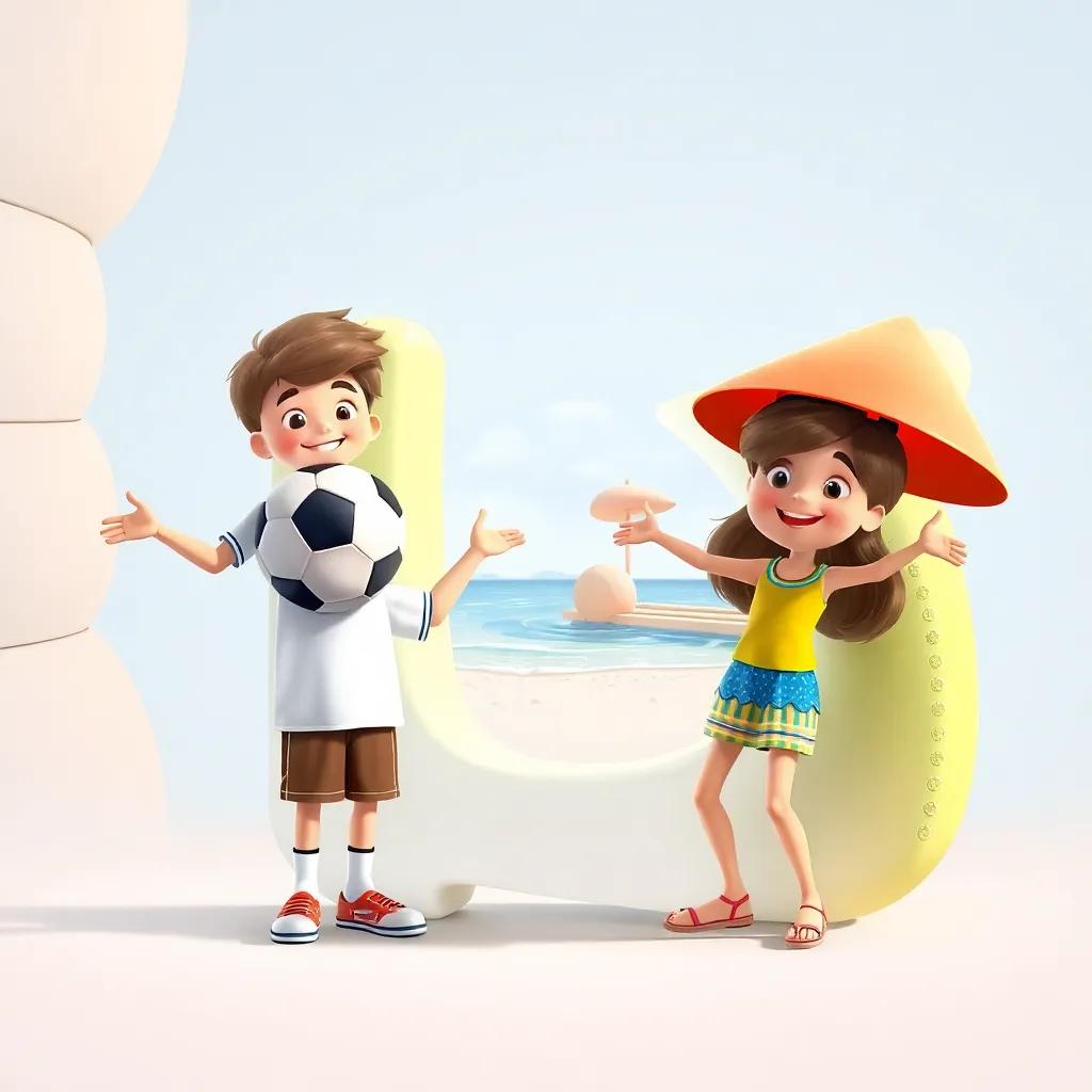 The letter 'أو' is posing with two options illustrated, a football and a beach, both inviting, bright colors, happy expressions from children, fantastical imagery