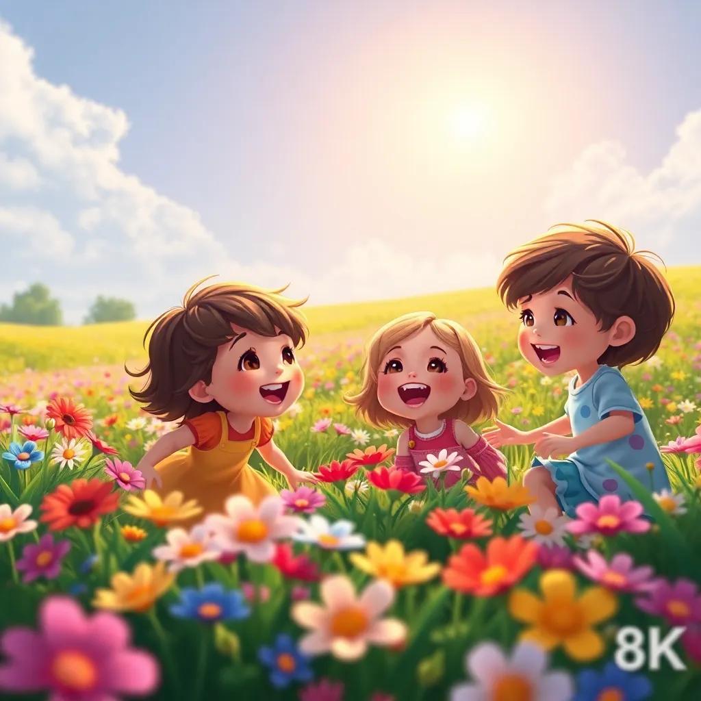Children happily playing in fields with colorful flowers, laughter in the air, a bright sun shining, the beauty of nature, rich colors, heartwarming scene