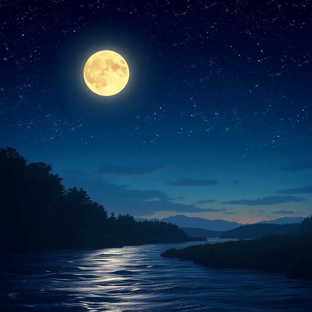 The evening sky with a glowing moon and twinkling stars above a river, letters sparkling like stars sharing stories, serene and magical atmosphere, enchanting