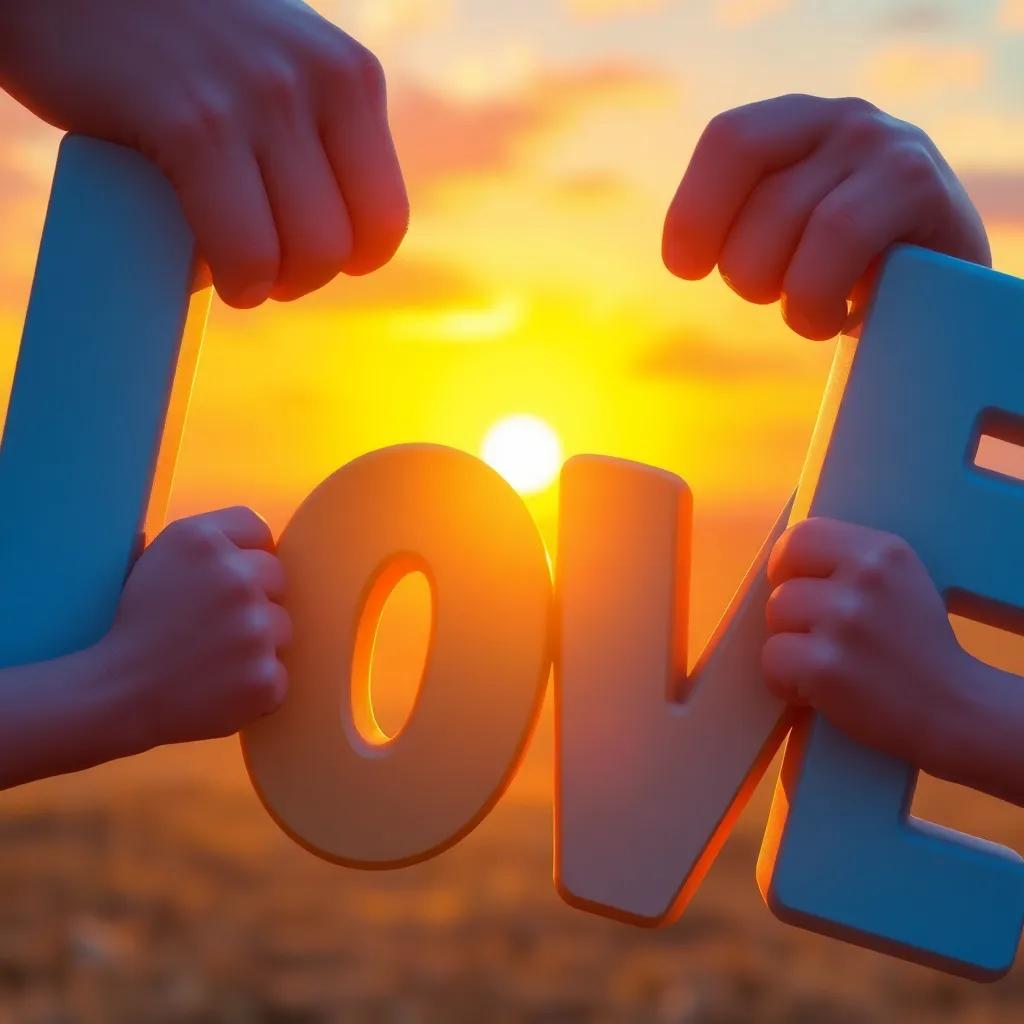 A close-up of letters in a circle, holding hands and smiling, radiating warmth and love, against a backdrop of a beautiful sunset, sentimental reminder