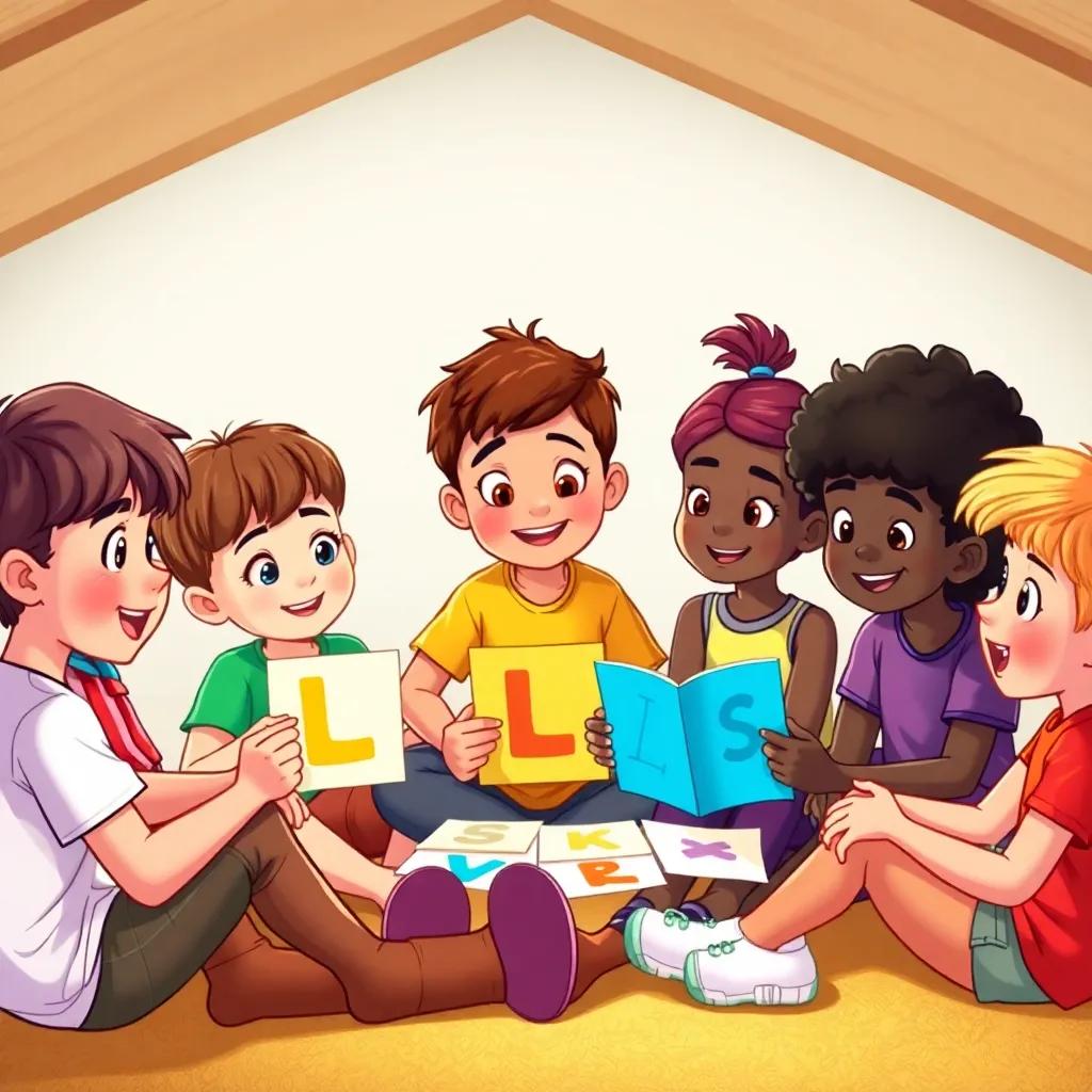 A group of diverse children learning about letters and sharing ideas, sitting in a circle, engaging expressions, rich colors, friendly vibe, high quality