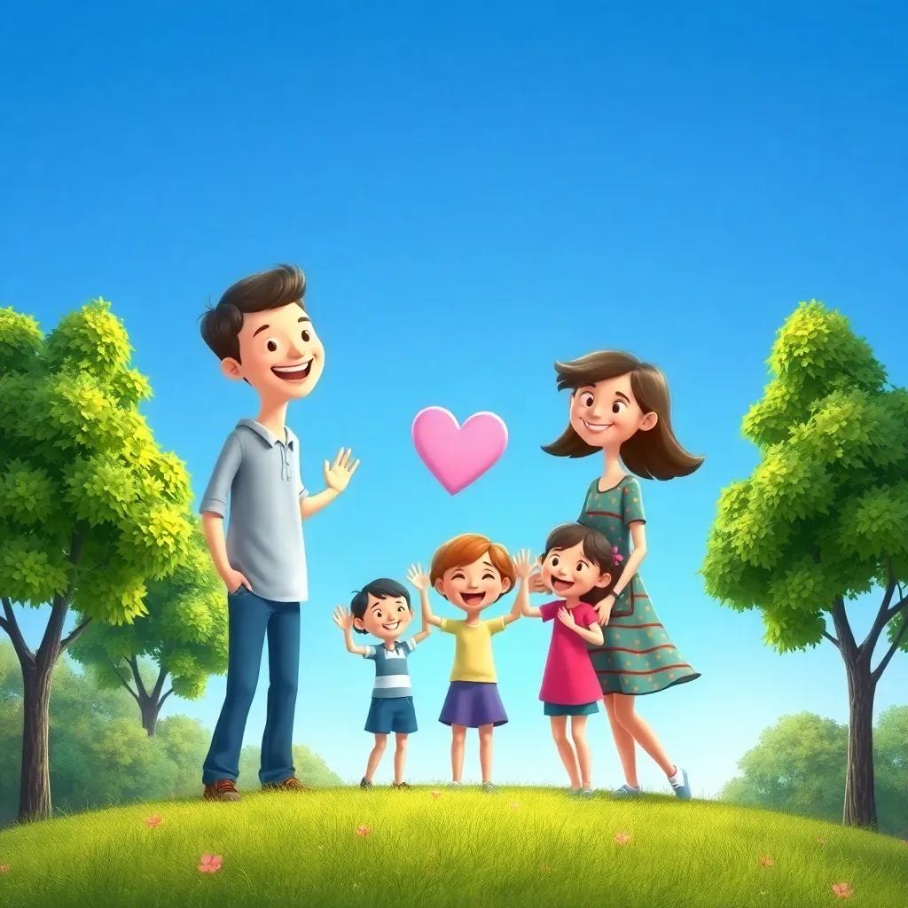 An illustration of a joyful family made up of letters, surrounded by green trees and a blue sky, representing as a symbol of love and unity, magical and friendly vibe.
