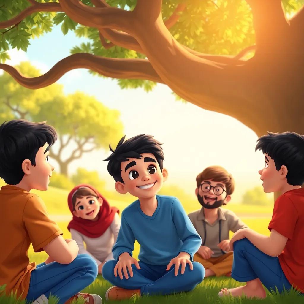 A young Arab boy, Sami, with short black hair wearing a blue shirt and jeans, sitting with his friends under a big tree, smiling and talking about prayer, vibrant colors, sunny day, child-friendly atmosphere