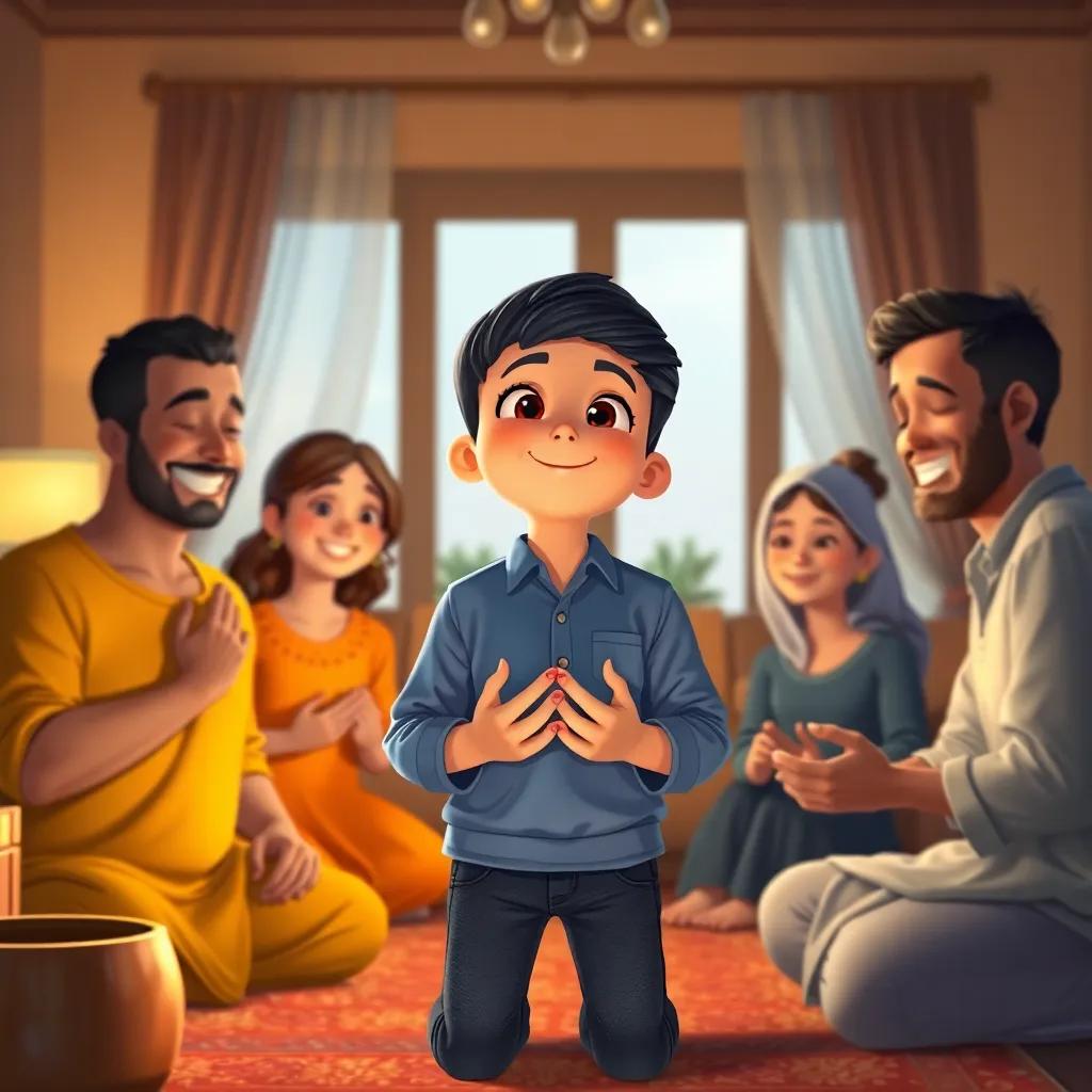 A young Arab boy, Sami, with short black hair wearing a blue shirt and jeans, praying with his family in a cozy living room, warm light, peaceful setting, joyful expressions