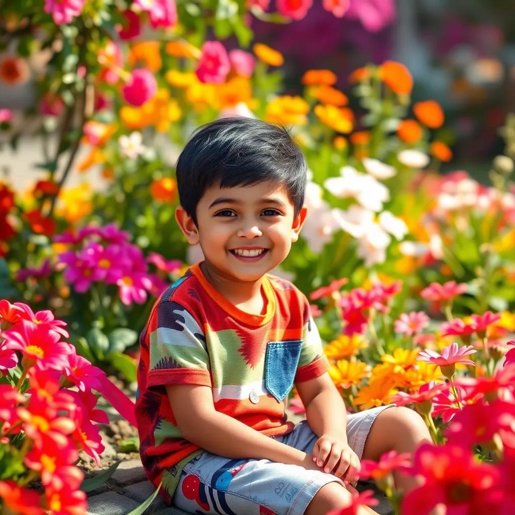 A young Arab boy, عبدالغفور, with short black hair, wearing a colorful t-shirt and shorts, sitting in a sunny garden surrounded by blooming flowers, smiling joyfully, digital art, bright colors, cheerful atmosphere, high quality