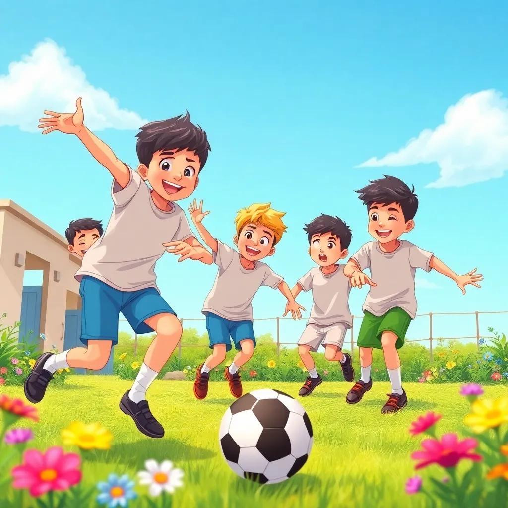 A group of young Arab boys playing soccer in a sunny yard, عبدالغفور with friends, joyful expressions, a clear blue sky, colorful flowers around, illustration, energizing, lively scene, child-friendly