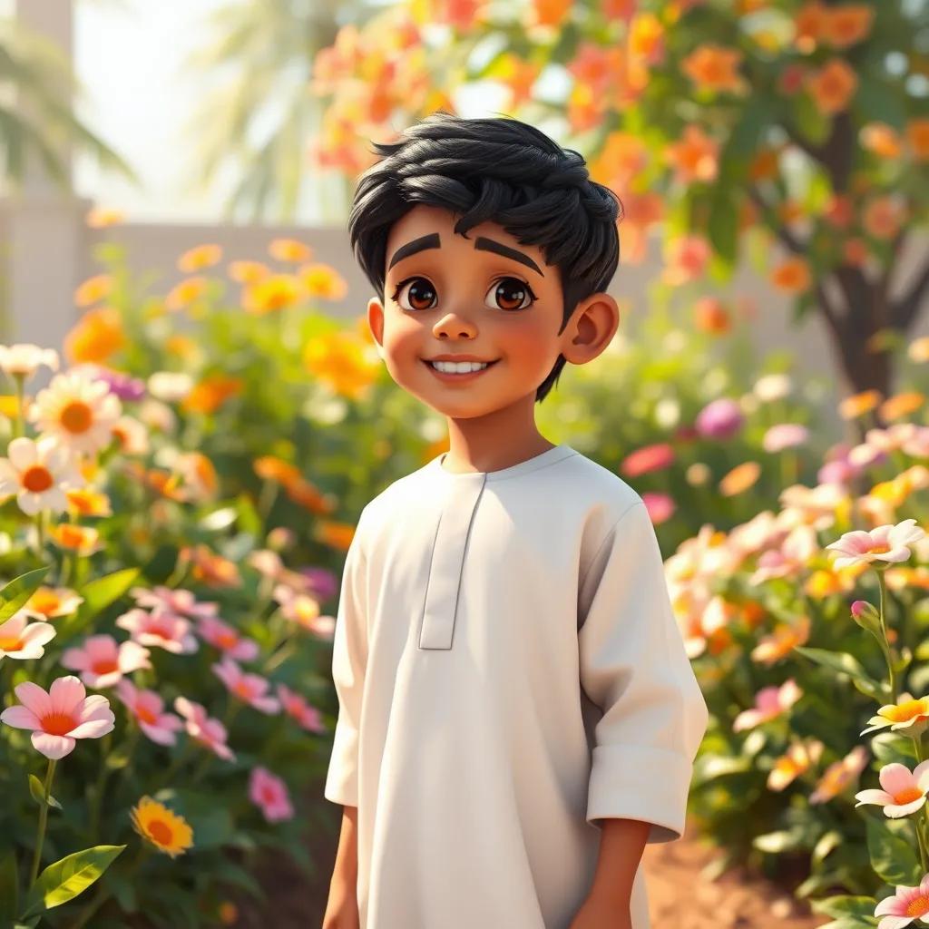 A young Arab boy, Abdul Rahman, with short black hair, wearing a traditional white thobe, smiling warmly as he stands in a sunny garden filled with flowers, digital art, vibrant colors, bright atmosphere, high quality