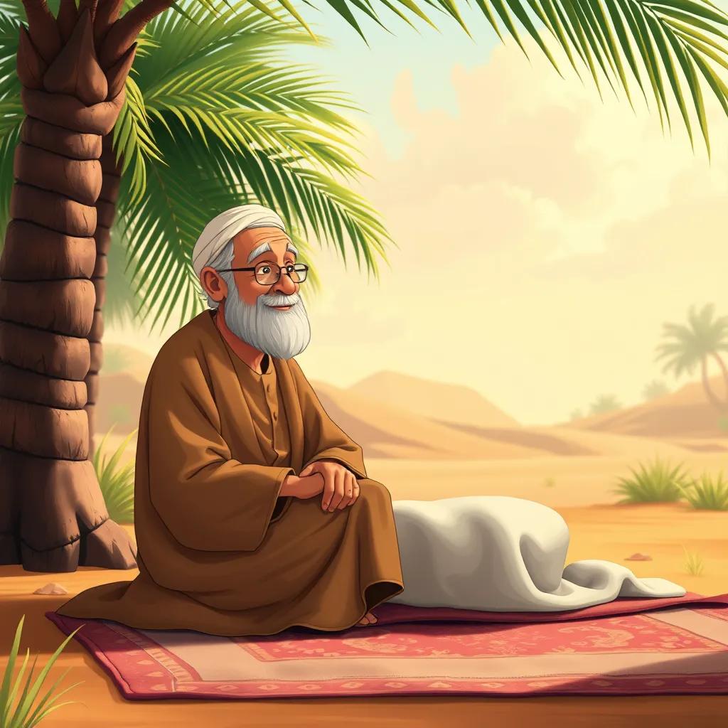 A wise older man, Prophet Muhammad, with a gentle smile, dressed in a simple brown cloak, seated on a beautiful rug under a palm tree, listening closely to Abdul Rahman, illustration, warm colors, peaceful setting, high quality