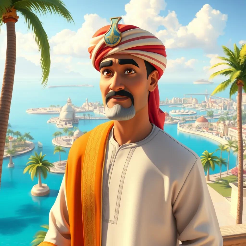 A scenic view of Bahrain with palm trees and blue waters, showing Abdul Rahman in a traditional outfit overseeing the area, looking proud and determined, digital painting, bright colors, uplifting atmosphere, high quality