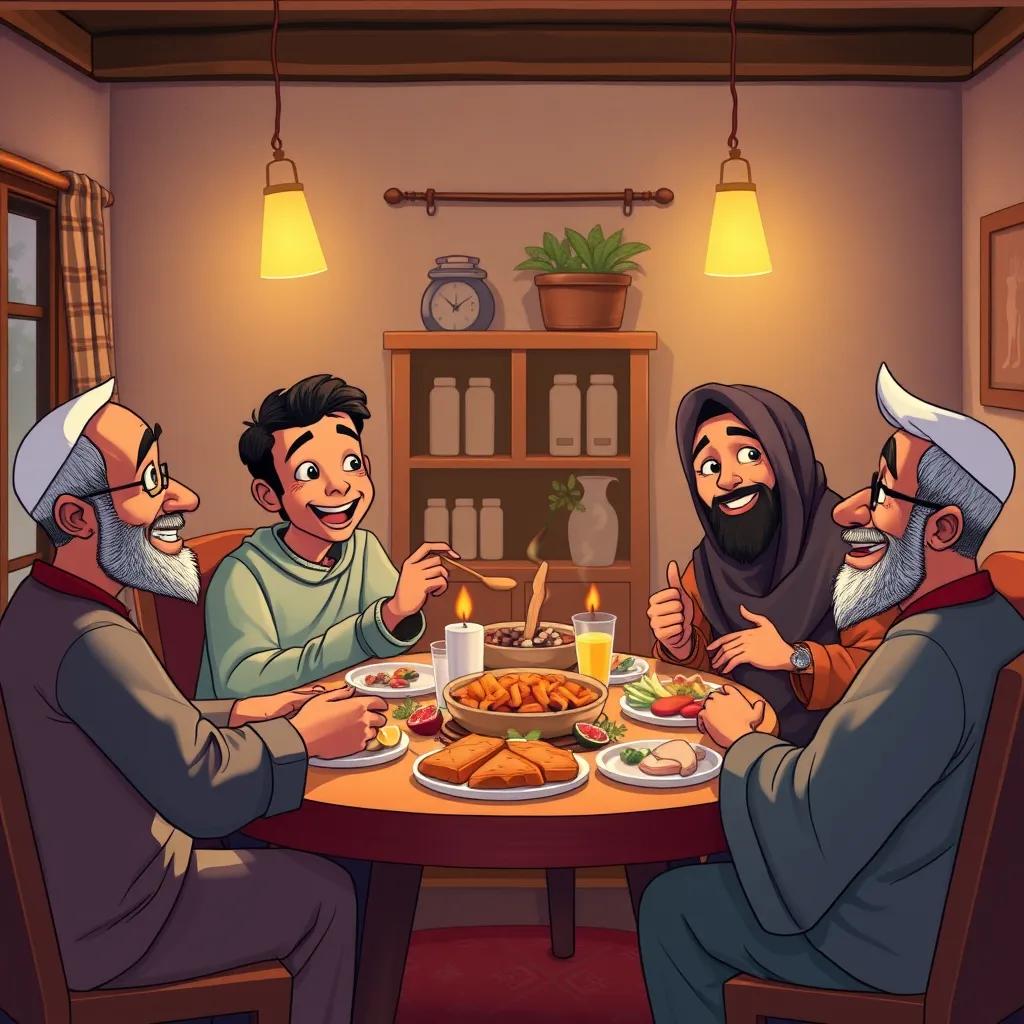 A gathering scene with Abdul Rahman and his friends sharing a meal in a cozy home, full of joy and laughter, showcasing unity and friendship, illustration, warm colors, inviting atmosphere, high quality