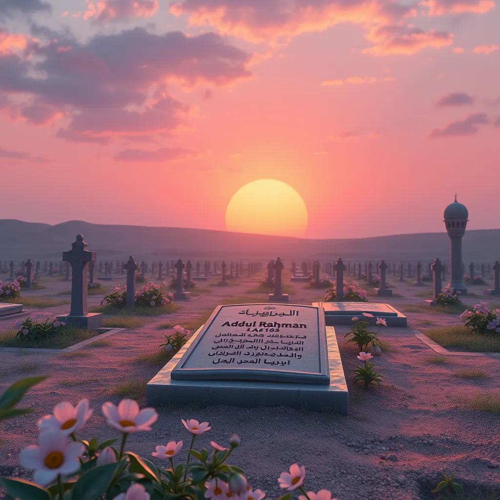 A serene graveyard in Al-Baqi, with a peaceful sunset backdrop, marking Abdul Rahman's resting place, surrounded by blooming flowers and gentle whispers of the wind, digital artwork, calming colors, respectful atmosphere, high quality