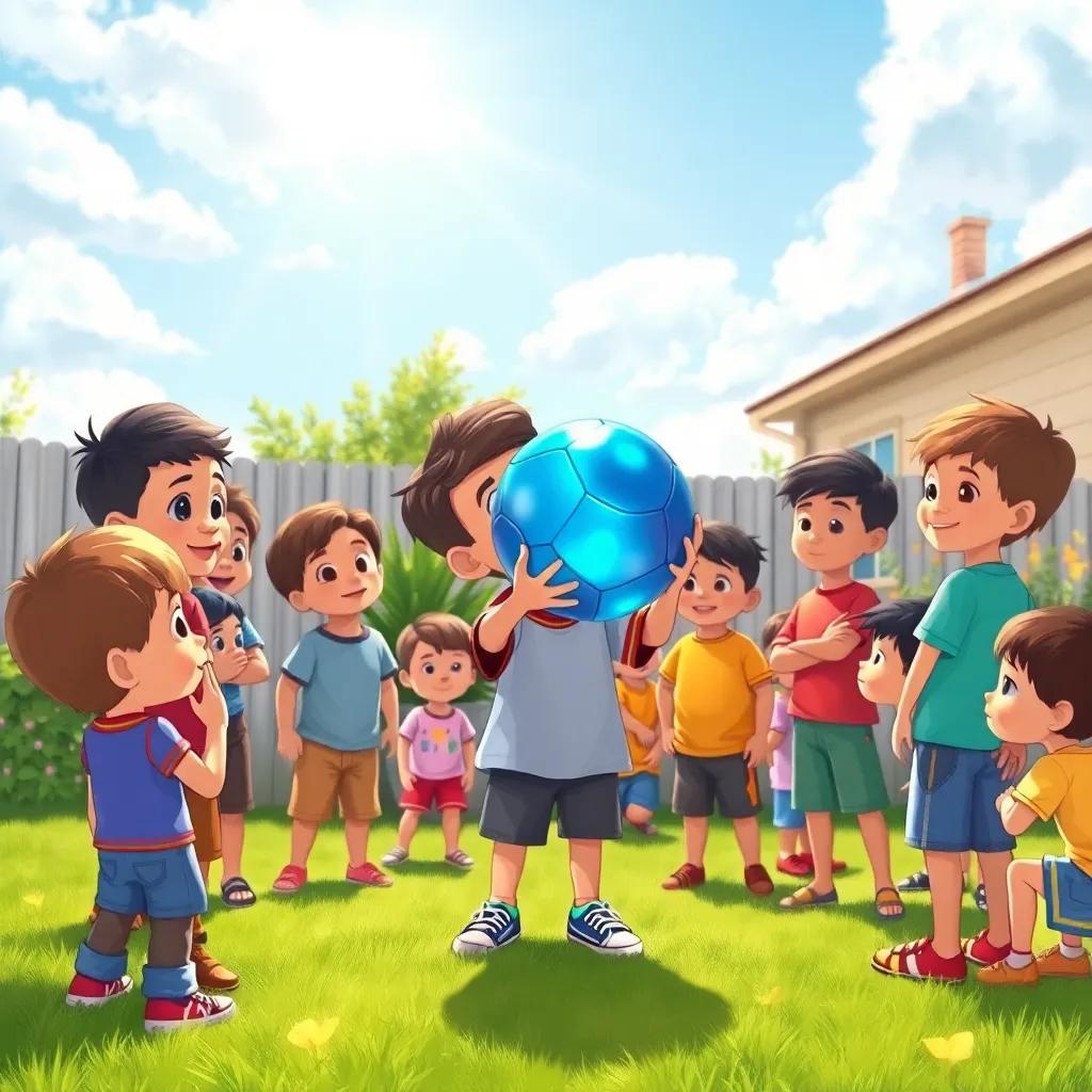 A sunny day in a backyard with children gathered around a boy named Ali holding a shiny blue ball, vibrant colors, playful atmosphere, illustration, cheerful mood, child-friendly