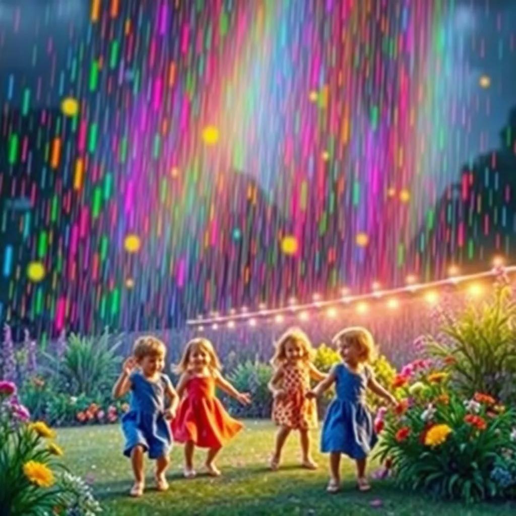 A colorful rainstorm with vibrant colors falling from the sky over children dancing joyfully in a garden, lively scene, digital art, engaging and delightful