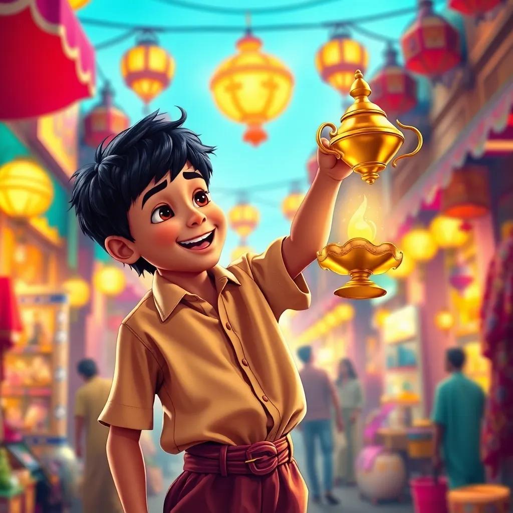 A young Arab boy, Aladdin, with short black hair wearing a simple shirt and trousers, excitedly holding a golden lamp in a colorful bustling market, vibrant atmosphere, warm colors, joyful mood, storytelling perspective, high quality