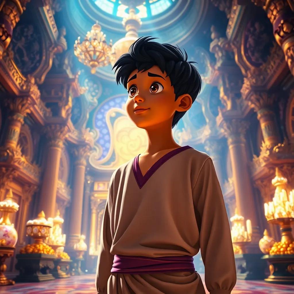 A young Arab boy, Aladdin, with short black hair in a simple outfit, standing in a grand palace filled with treasures and golden decor, looking amazed, sparkling lights, rich colors, imaginative scene, highly detailed, storytelling view