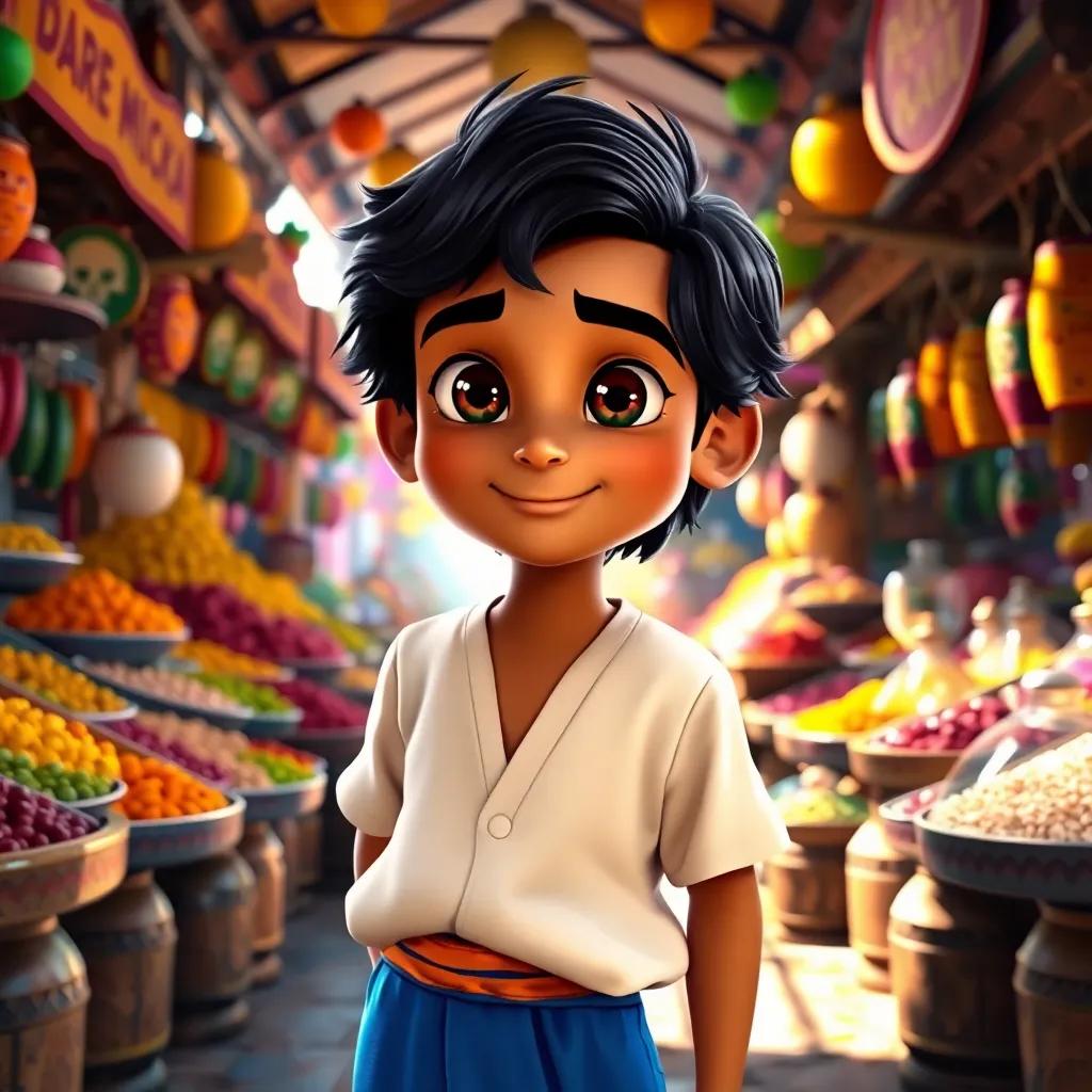 A young Arab boy, Aladdin, with black hair and warm brown skin, wearing a simple white shirt and blue pants, standing in a bustling market surrounded by colorful stalls filled with fruits and spices, with sunlight shining down, vibrant colors, lively atmosphere, warm light, high quality