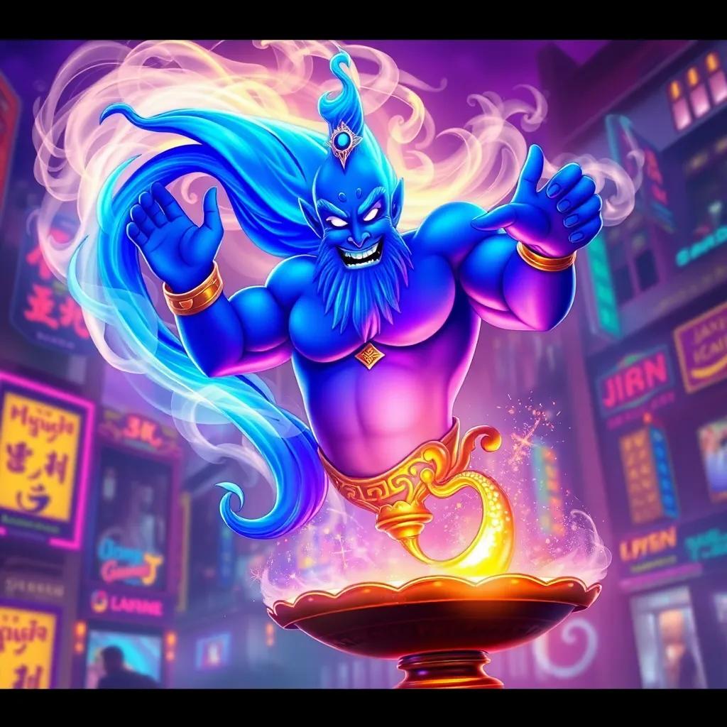A magical genie emerging from a glowing lamp, with a dazzling blue and gold appearance, surrounded by swirling clouds of smoke and sparkles, in a vibrant background of the city, colorful, enchanting, fantasy art, rich colors, detailed, high quality