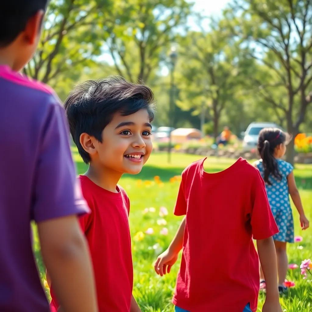 A young Arab boy, Alya, with short black hair wearing a red t-shirt and blue shorts, playing in a sunny park with green grass and colorful flowers, smiling with friends, cheerful atmosphere, digital art, bright colors, playful scene, high quality