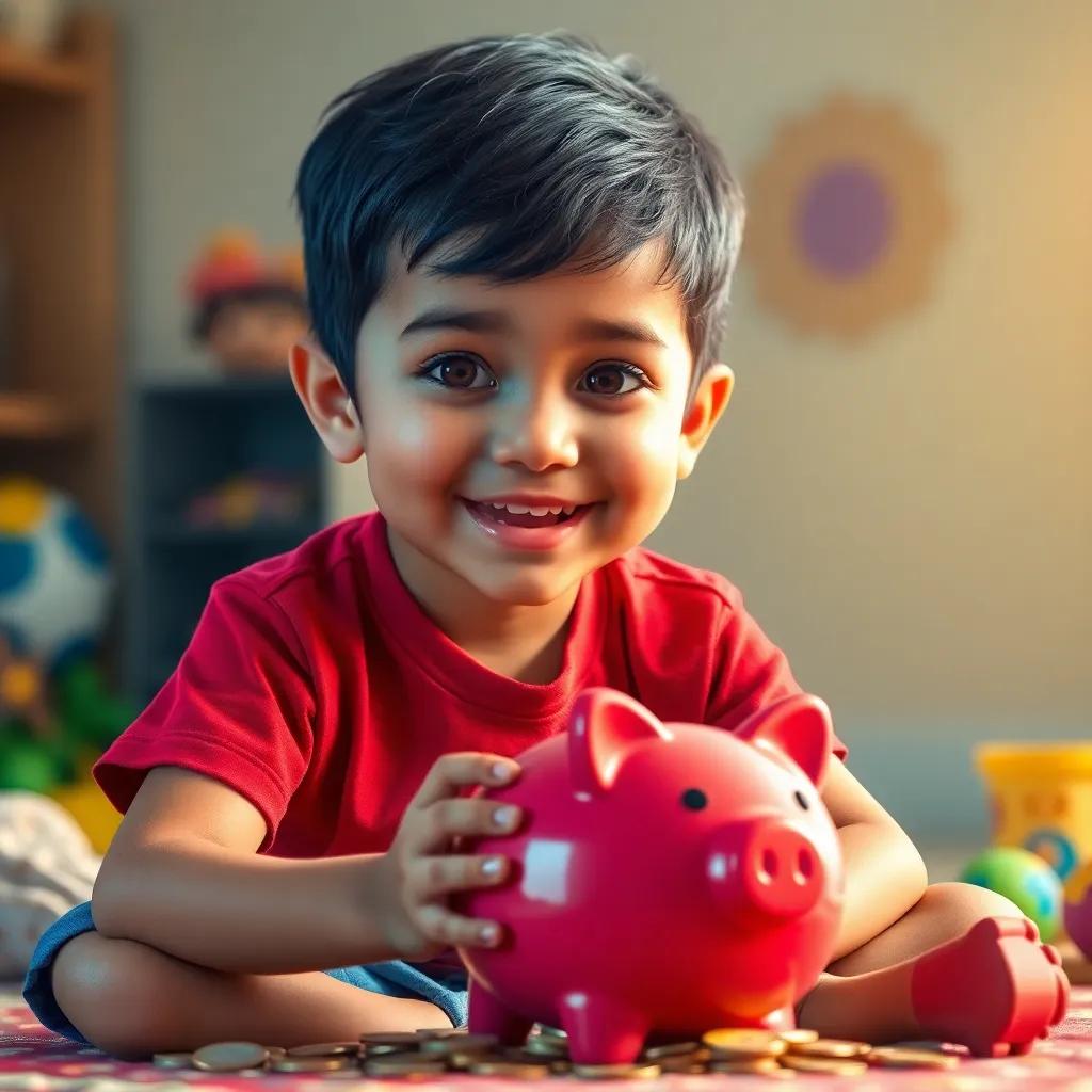A young Arab boy, Alya, with short black hair wearing a red t-shirt and blue shorts, sitting with a piggy bank in front of him, counting coins with excitement, colorful toys around him, warm light, inviting, detailed digital art, joyful expression, storytelling focus, high quality