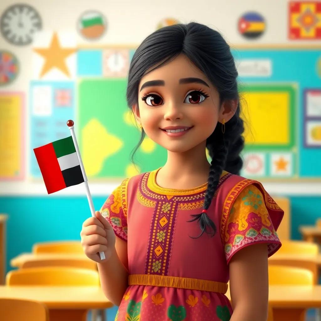 A young Emirati girl, Aisha, with dark hair wearing a colorful traditional dress, holding a miniature flag of the United Arab Emirates in a vibrant classroom, digital art, cheerful and bright, educational, high quality