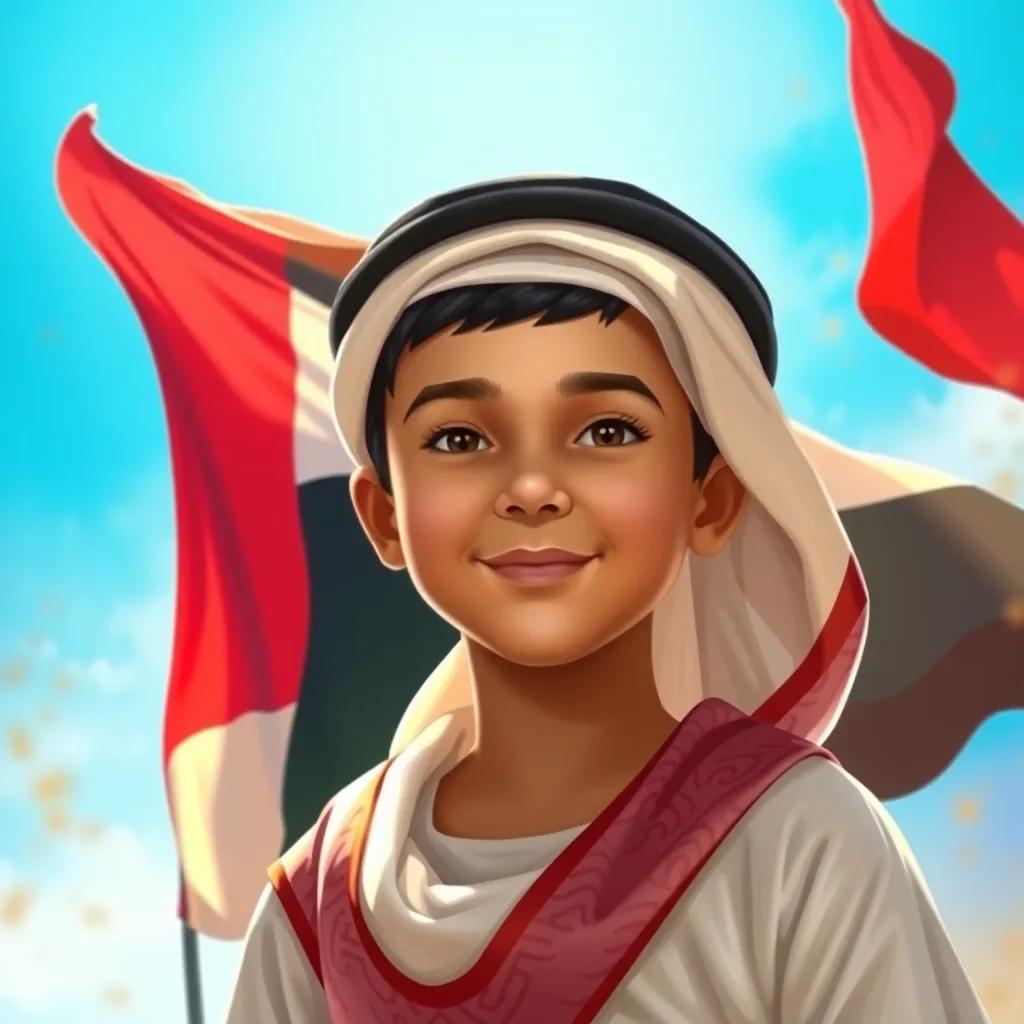 A young Arab boy, سعيد, with short black hair, wearing a traditional kandoura, standing proudly in front of the UAE flag fluttering against a bright blue sky, cheerful atmosphere, digital art, vibrant colors, warm light, high quality