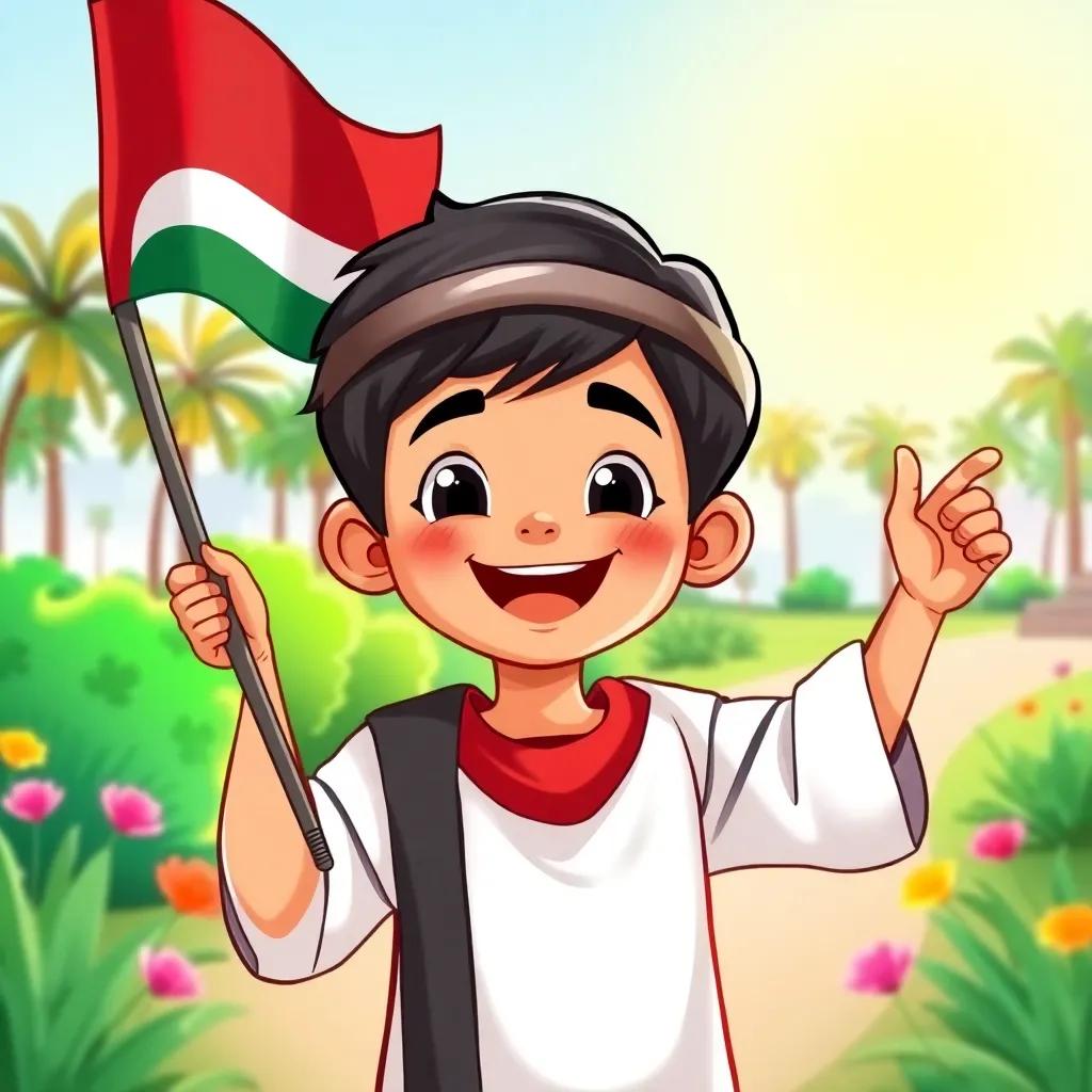 A joyful Emirati boy, Sami, with short black hair wearing a traditional kandura, happily holding the UAE flag in a colorful park, bright sunlight, vibrant colors, cheerful atmosphere, high quality