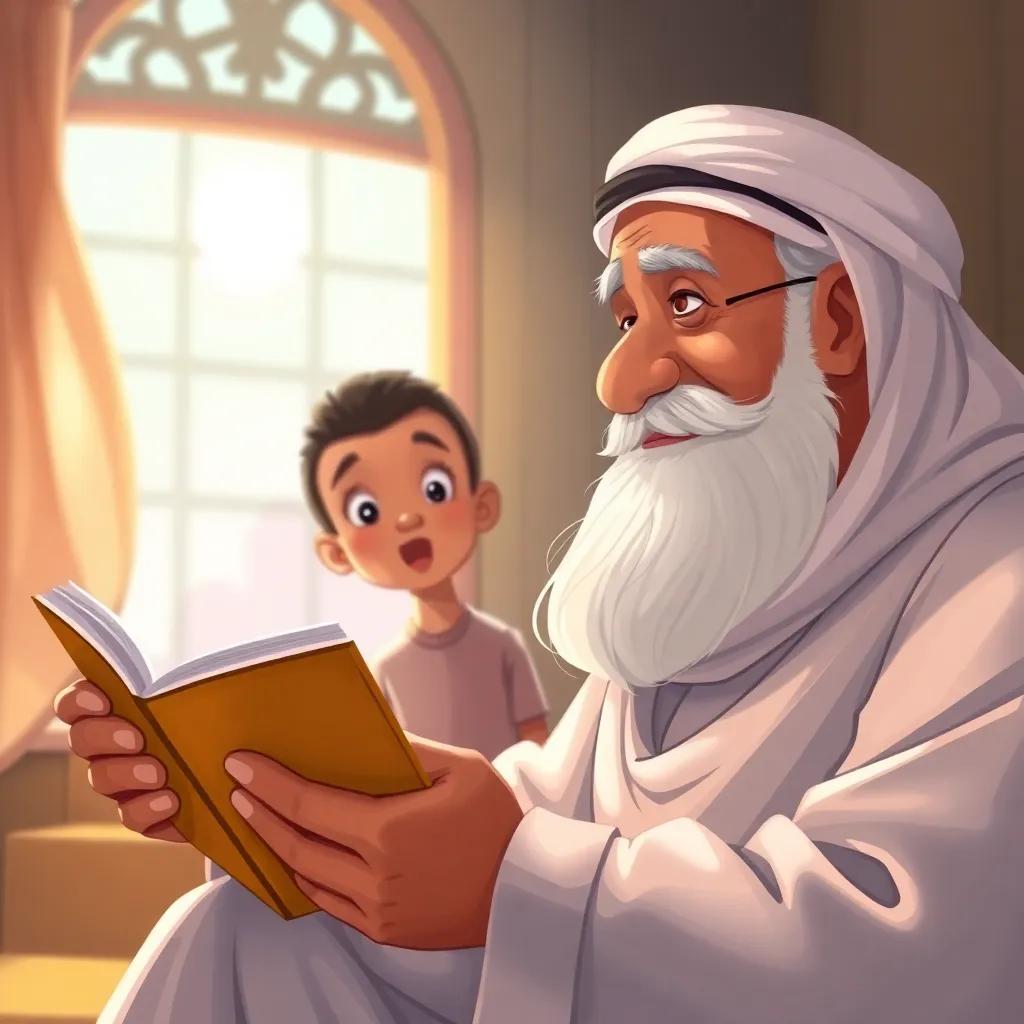 An elderly Emirati man, Sami's grandfather, with a white beard wearing a ghutrah and agal, telling a captivating story about the UAE flag to Sami, warm and inviting light, detailed illustration, storytime ambiance, high quality