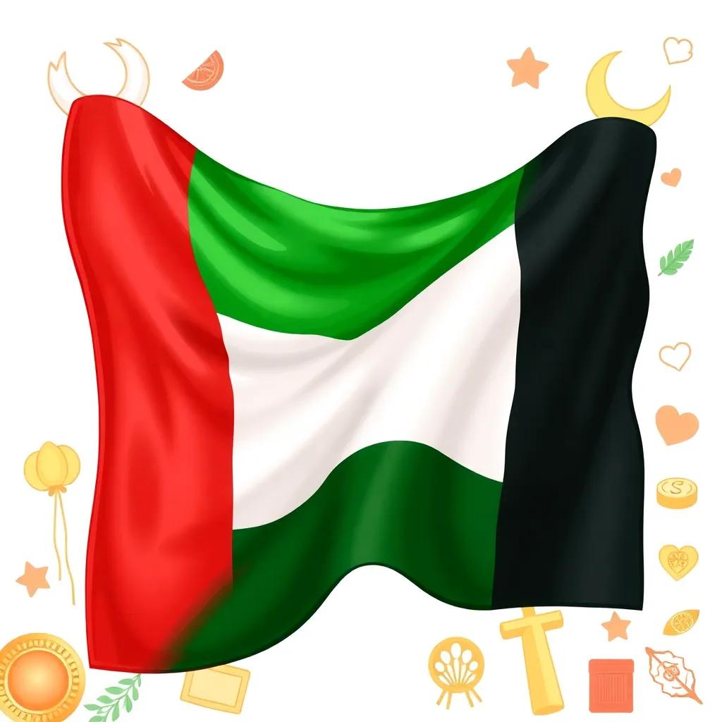 A close-up of the UAE flag, displaying its green, red, white, and black colors, surrounded by symbols of unity, vibrant colors, high quality, artistic representation
