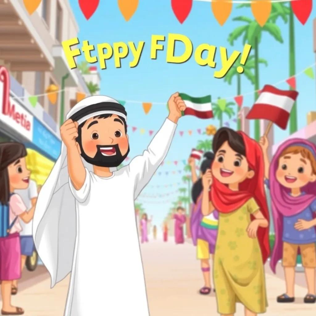 Sami wearing an Emirati thobe, celebrating the Flag Day with friends, waving flags and smiling, activity-filled street, festive decorations, bright colors, child-friendly, high quality