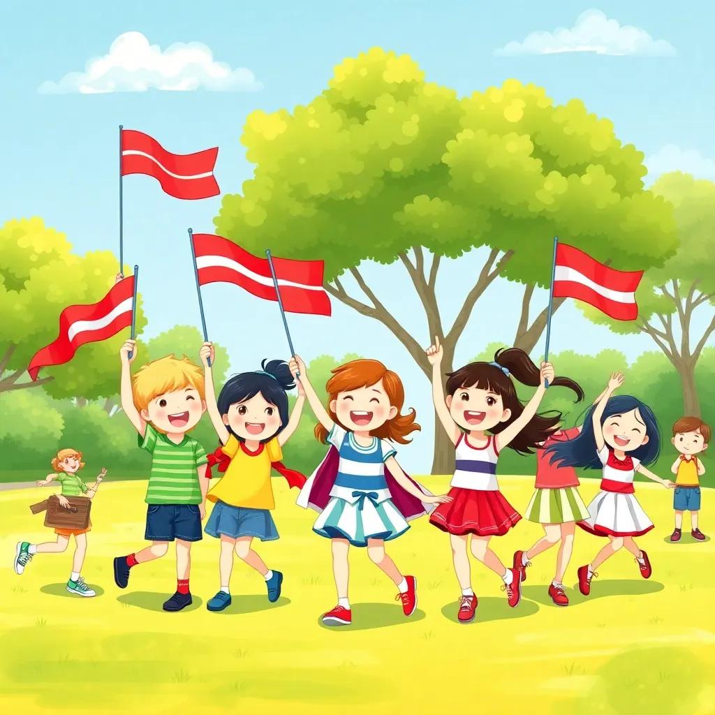 A group of children holding colorful flags in a lively park during Flag Day, playing and dancing joyously, cheerful expressions, green grass, bright blue sky, vibrant atmosphere, high quality