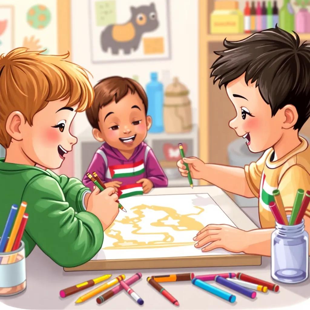 Sami and his friends painting small UAE flags on paper, filled with excitement and creativity, bright colors, colorful art supplies around them, high quality, child-friendly environment