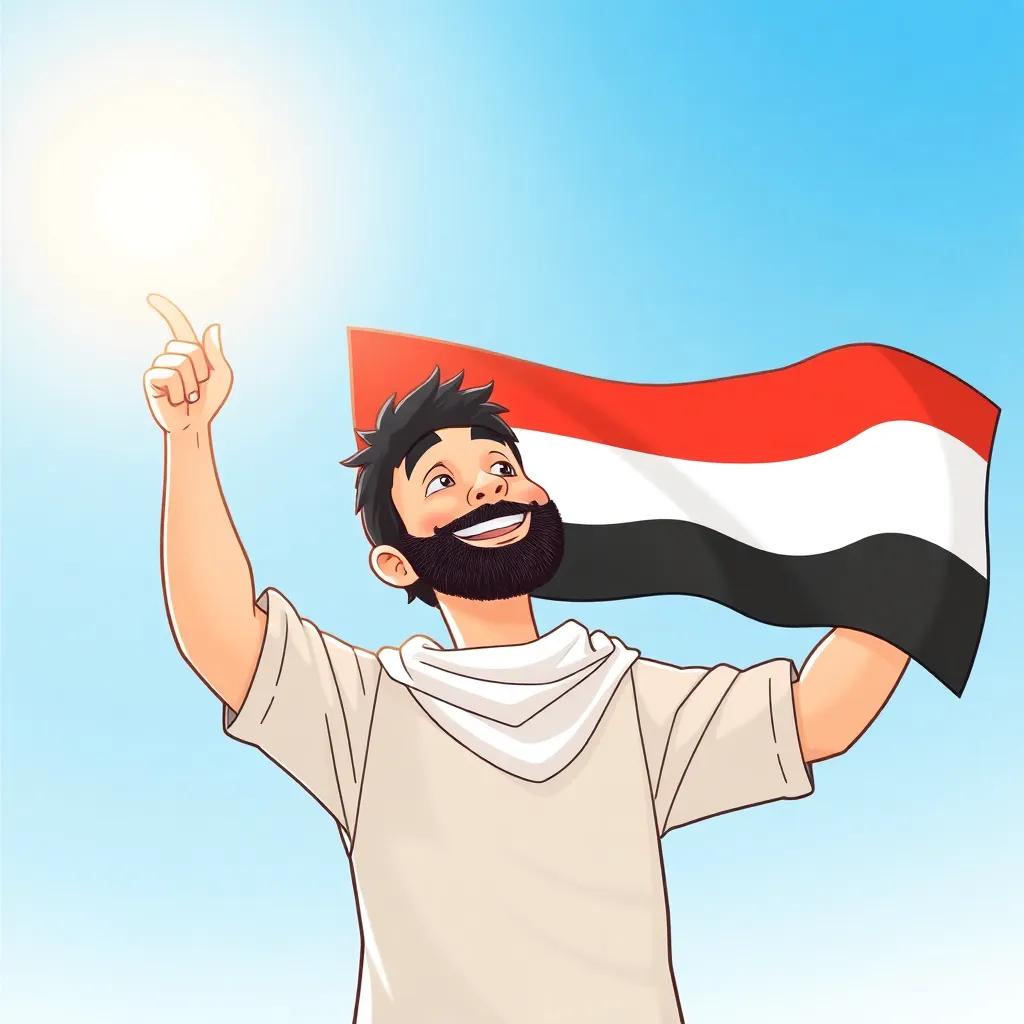 Sami proudly raising the UAE flag while looking at the blue sky on a bright sunny day, a big smile on his face, uplifting atmosphere, bright colors, high quality