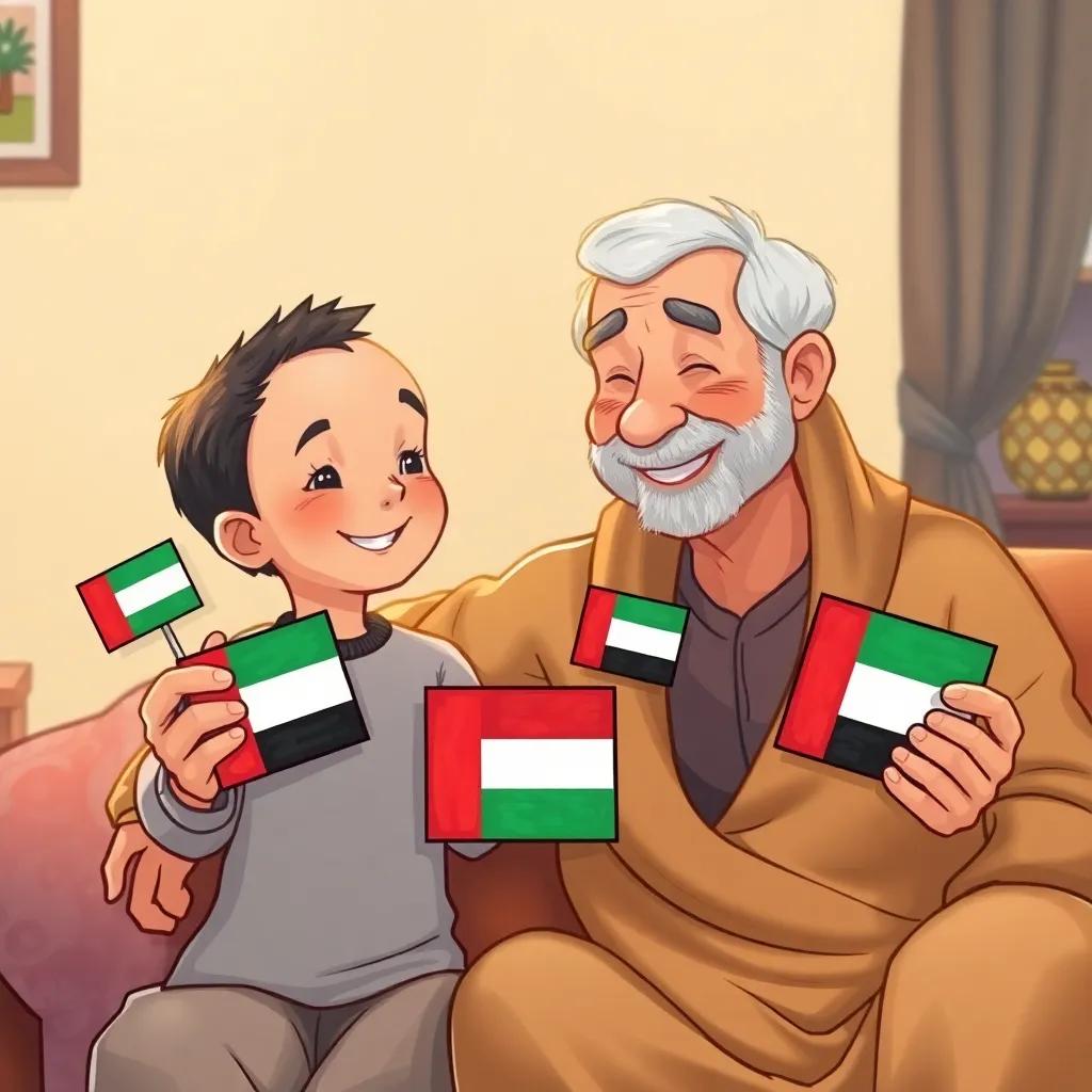 Sami at home proudly showing painted UAE flags to his grandfather, both smiling and sharing a special moment, warm cozy lighting, high quality, familial love