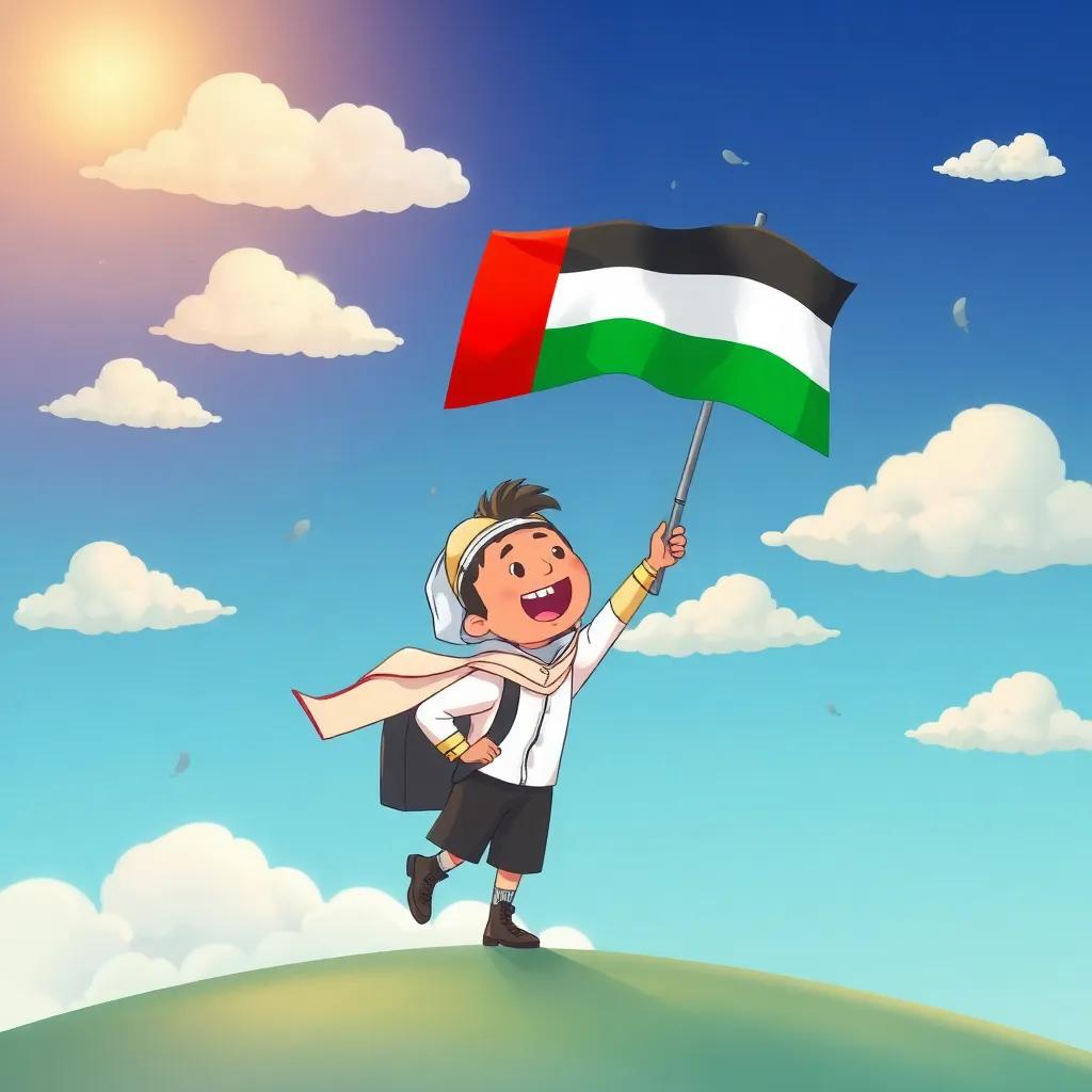 A dreamy illustration of Sami imagining being a pilot with the UAE flag flying high in the sky, playful clouds, inspiring atmosphere, bright colors, imaginative and whimsical, high quality
