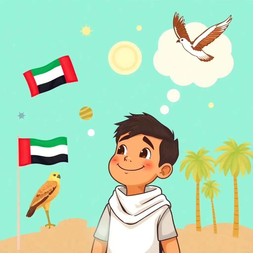 Sami with a big smile, thinking about his dreams, surrounded by symbols of the UAE, like the flag, falcon, and palm trees, thoughtful expression, vibrant colors, high quality.