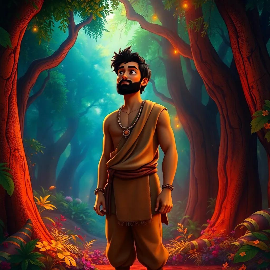 A man named Ali Baba, with warm brown skin, wearing a simple tunic and trousers, standing in a lush forest, listening closely to mysterious whispers, digital art, colorful, vibrant atmosphere, enchanted forest, high detail