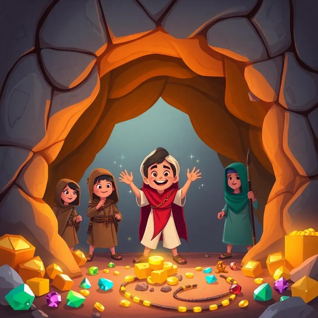 Ali Baba discovering a large cave entrance with four robbers, gold shining, various jewels around, excitement in the air, light spilling from the cave, illustration, playful, adventure scene, child-friendly