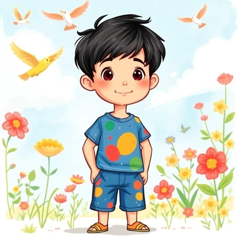 A young boy, Ali, with dark hair, wearing a colorful t-shirt and shorts, standing under a bright blue sky with birds flying and flowers blooming, exploring nature, playful, vibrant colors, child-friendly, happy atmosphere