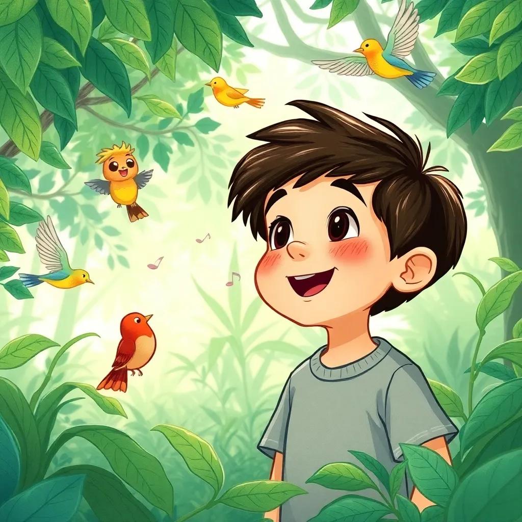A young boy, Ali, with dark hair, listening intently in a lush green forest, surrounded by singing birds and rustling leaves, joyful expression, bright colors, engaging scene, cheerful atmosphere