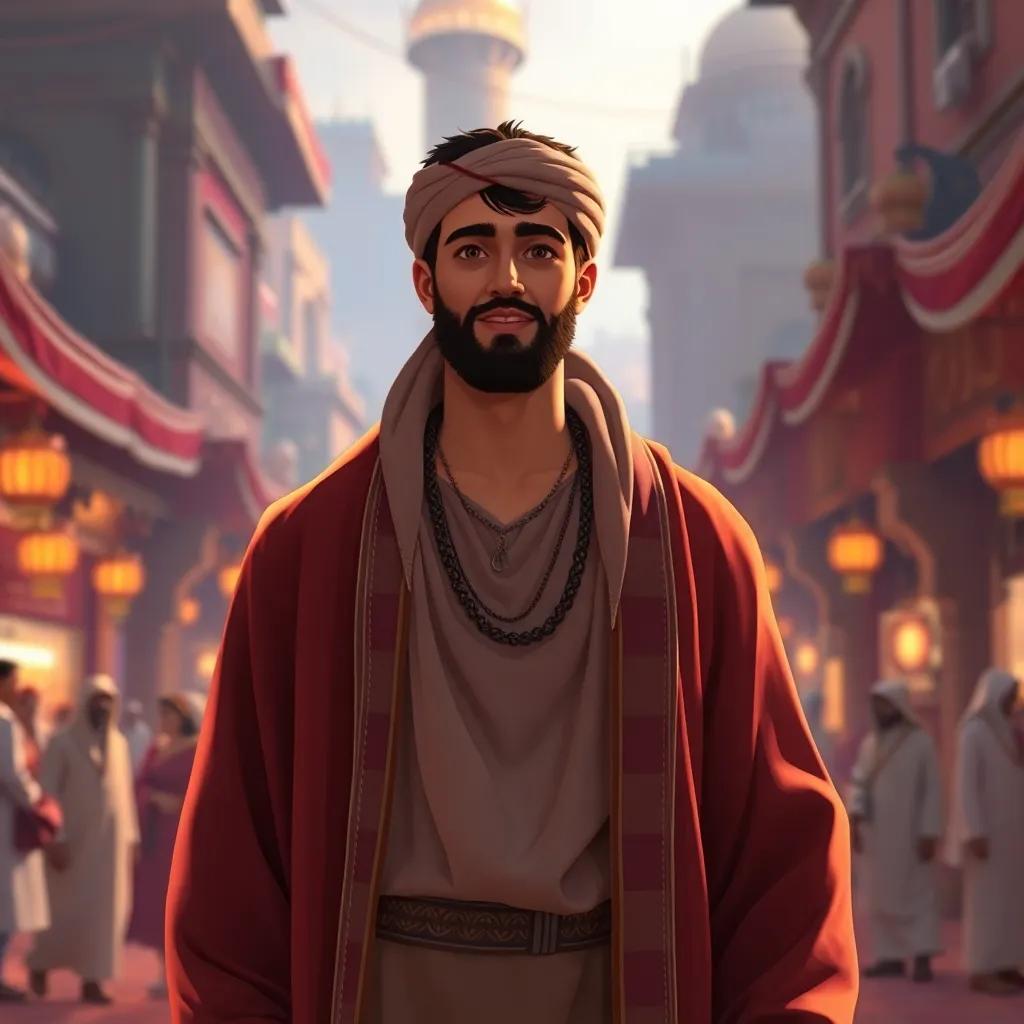 A young Arab man, Omar bin Al-Khattab, with a strong build and wearing traditional robes, standing in a bustling marketplace in Mecca, vibrant colors, lively atmosphere, digital illustration, warm light, engaging perspective, high quality