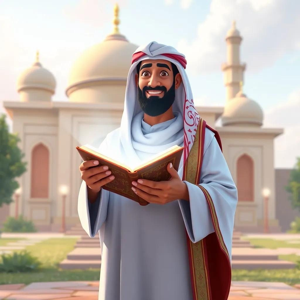 Omar bin Al-Khattab, standing tall and confident, holding an open Quran with light glowing around it, in front of the Prophet Muhammad's house, serene surroundings, inspirational feel, digital art, bright colors, optimistic vibe