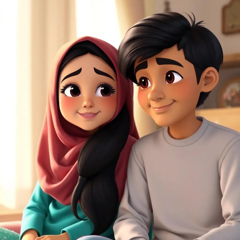A young Arab woman, Fatima, with long black hair wearing a colorful hijab, sitting beside Omar, looking at him with admiration and compassion, natural light, heartwarming, cozy setting, high quality, child-friendly