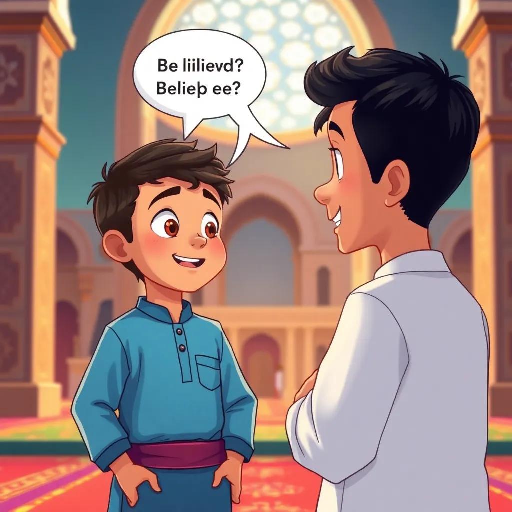 A young boy, Omar, talking to his friend Salim in a mosque, with expressive faces showing belief and doubt, dynamic scene, colorful background, engaging atmosphere, illustration, cheerful