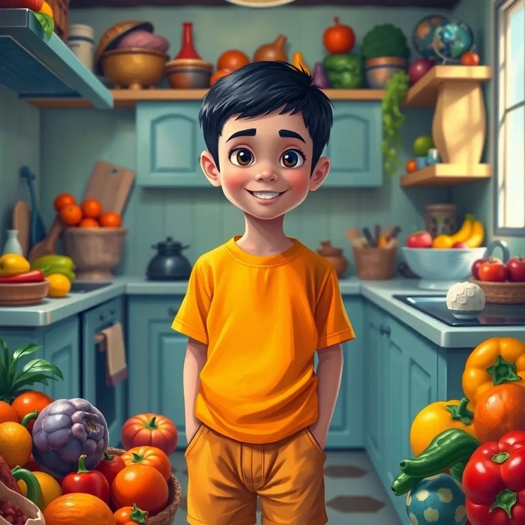 A young Arab boy, Sami, with short black hair, wearing a bright t-shirt and shorts, standing in a kitchen with colorful fruits and vegetables around him, digital art, vibrant colors, cheerful atmosphere, playful perspective, high quality